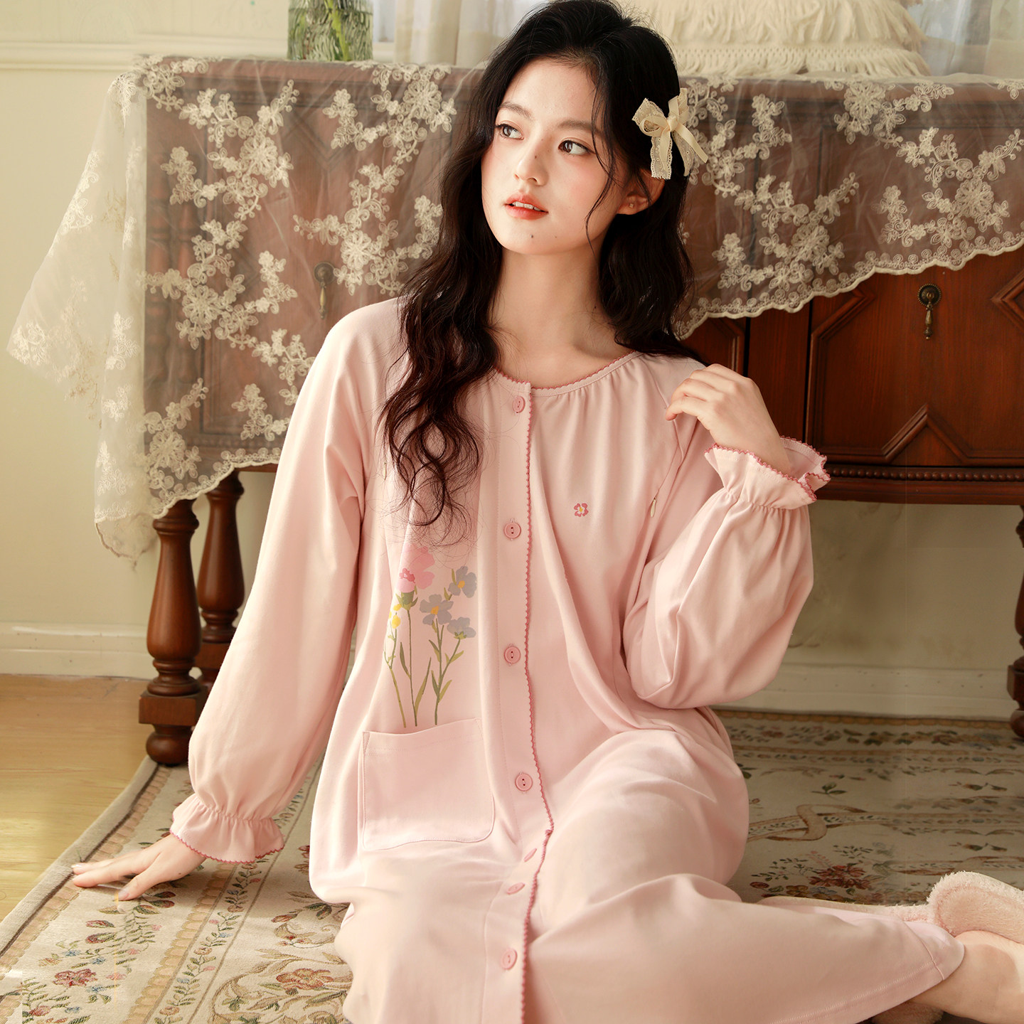 富朵孕妇睡裙纯棉针织夏季薄款产妇哺乳吸汗春秋季医院待产月子裙