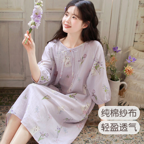 富朵夏季纯棉纱布孕妇哺乳睡裙