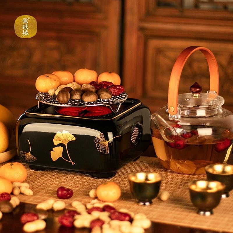 莺歌烧 四方银杏 四方枫叶 家用蒸煮黑色高端静音围炉煮茶电陶炉