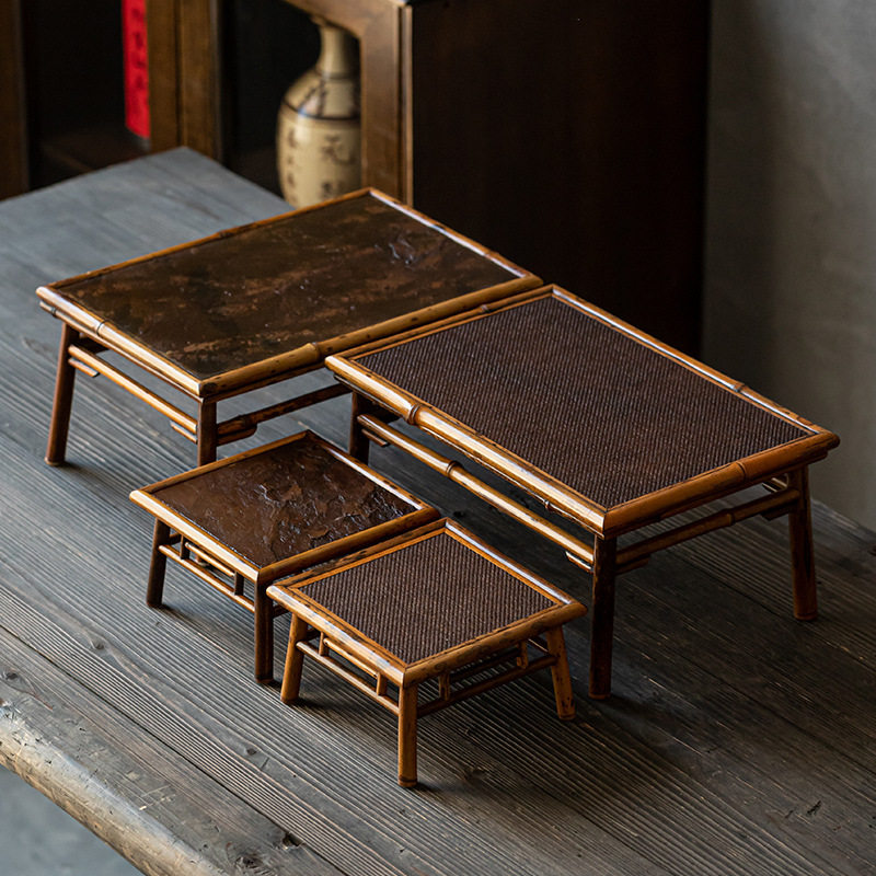 汇茶 日式复古梅鹿竹紫岩台面小茶桌竹摆台日本席面茶几功夫茶具