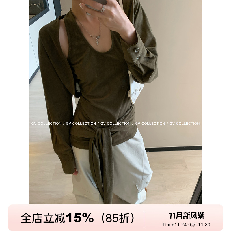 麂皮打结设计背心开衫披肩两件套