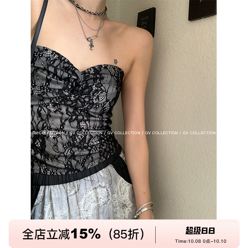 带胸垫蕾丝弹力抹胸上衣