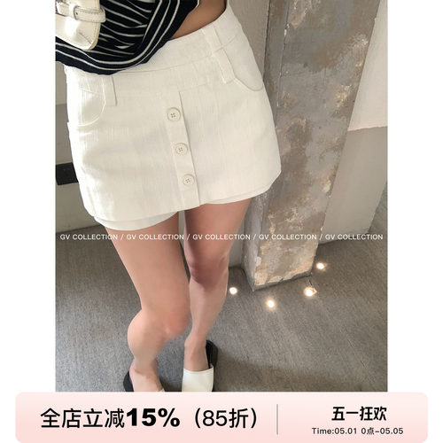 双层设计感纽扣高腰裙裤