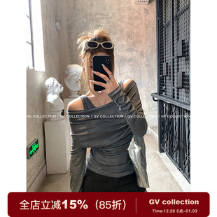 设计感假两件背心一字肩荡领上衣休闲小衫 GV大白哥 chill系纯欲