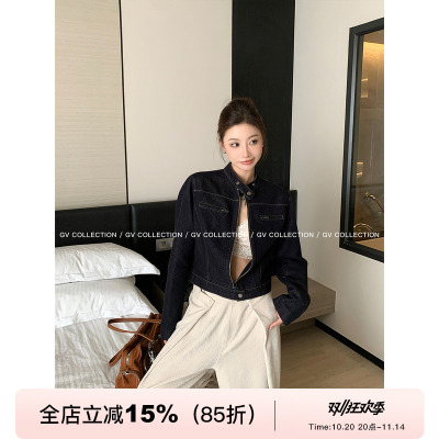 深蓝牛仔修身立领正肩夹克外套