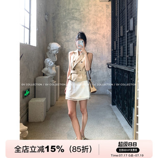 GV大白哥 质感权杖 翻领双排扣系带无袖风衣马甲设计感上衣女夏