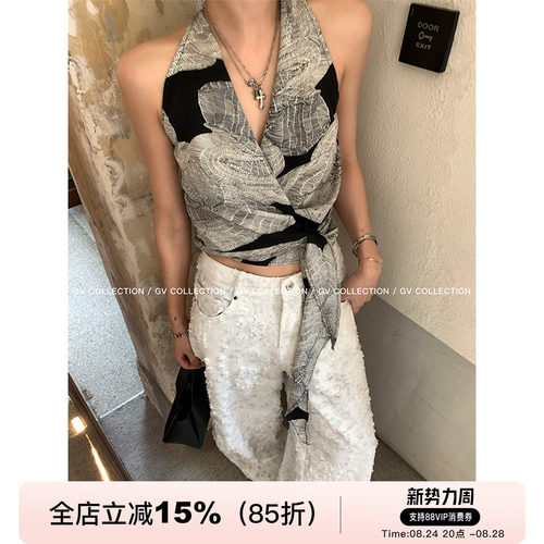 收腰图案V领侧打结上衣背心