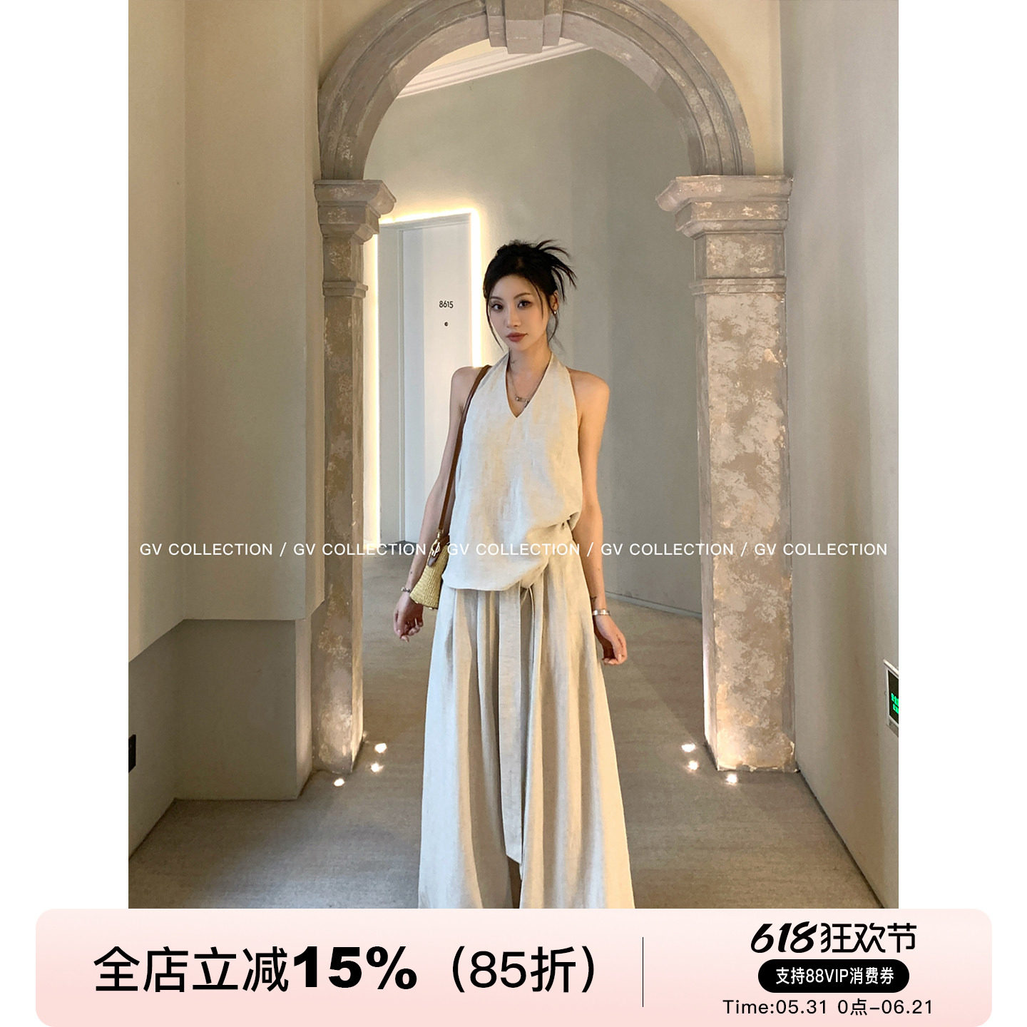 GV大白哥 质感成分党 天丝亚麻V领削肩阔腿裤套装春季新款气质女