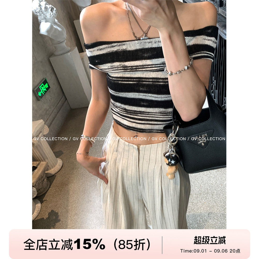 GV大白哥 晕染boho 黑白条纹一字肩抹胸漏肩亲肤松弛感短袖上衣女图片