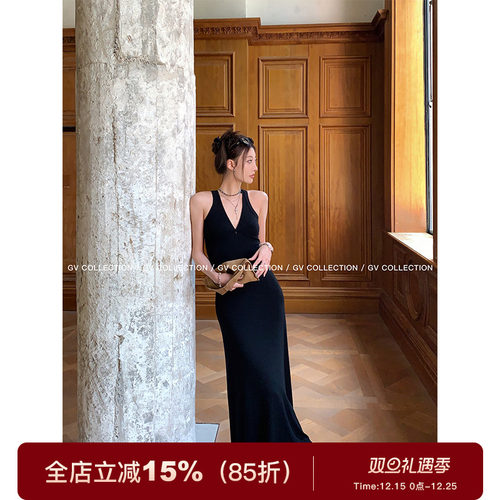 v领可调节两色收腰长裙连衣裙