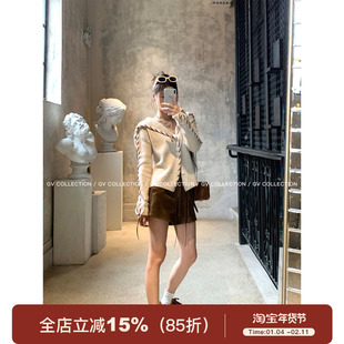 GV大白哥 拿铁秋日 大翻领棒针穿绳麂皮竖条羊毛衣上衣高级感外套
