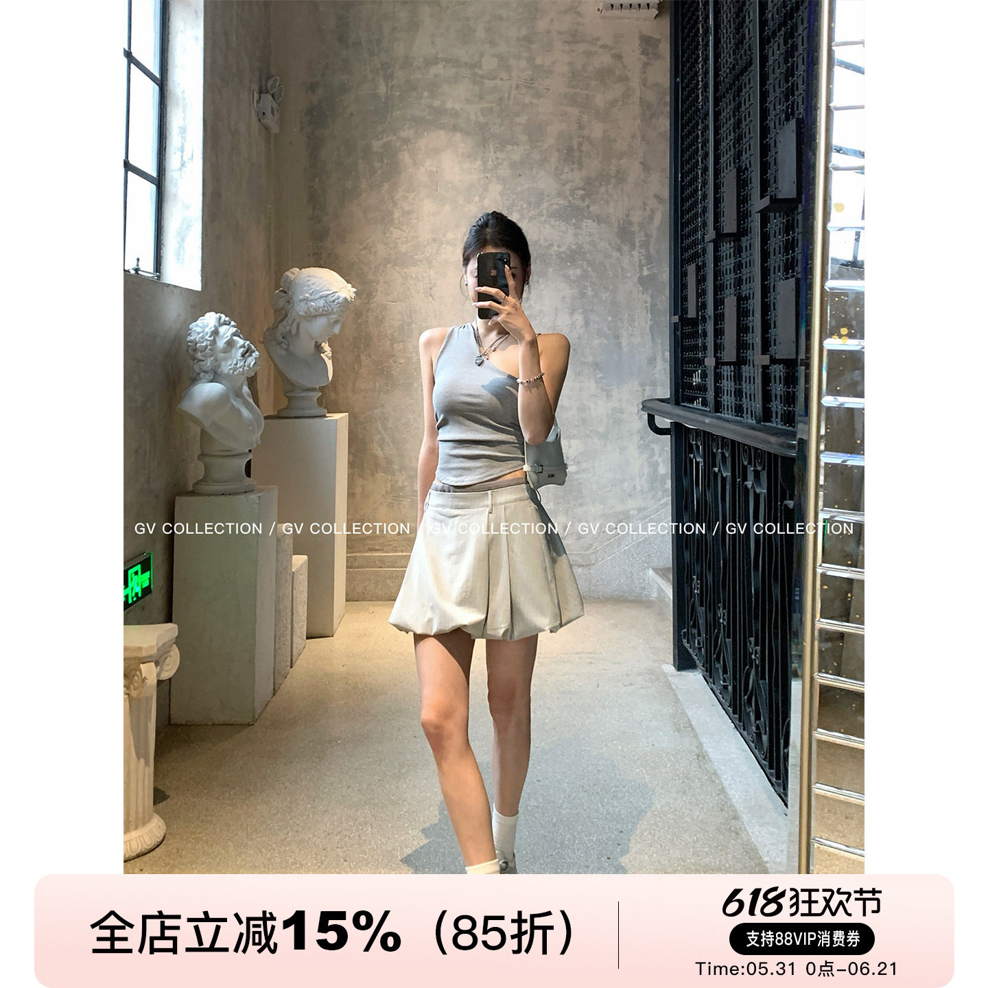 GV大白哥 清爽纸片人 带胸垫斜肩无袖收腰背心辣妹上衣百搭显瘦女