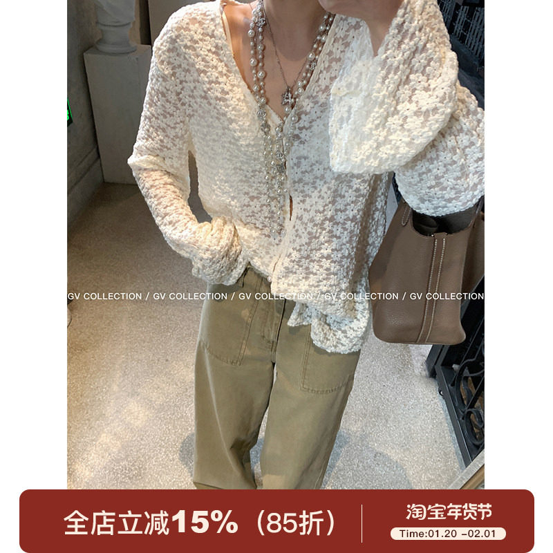 GV大白哥 慵懒且浪漫 立体微透新中式蕾丝上衣衬衫简约V领小衫女,女装/女士精品,短外套,淘宝优惠券,粉丝福利购,淘宝优惠卷