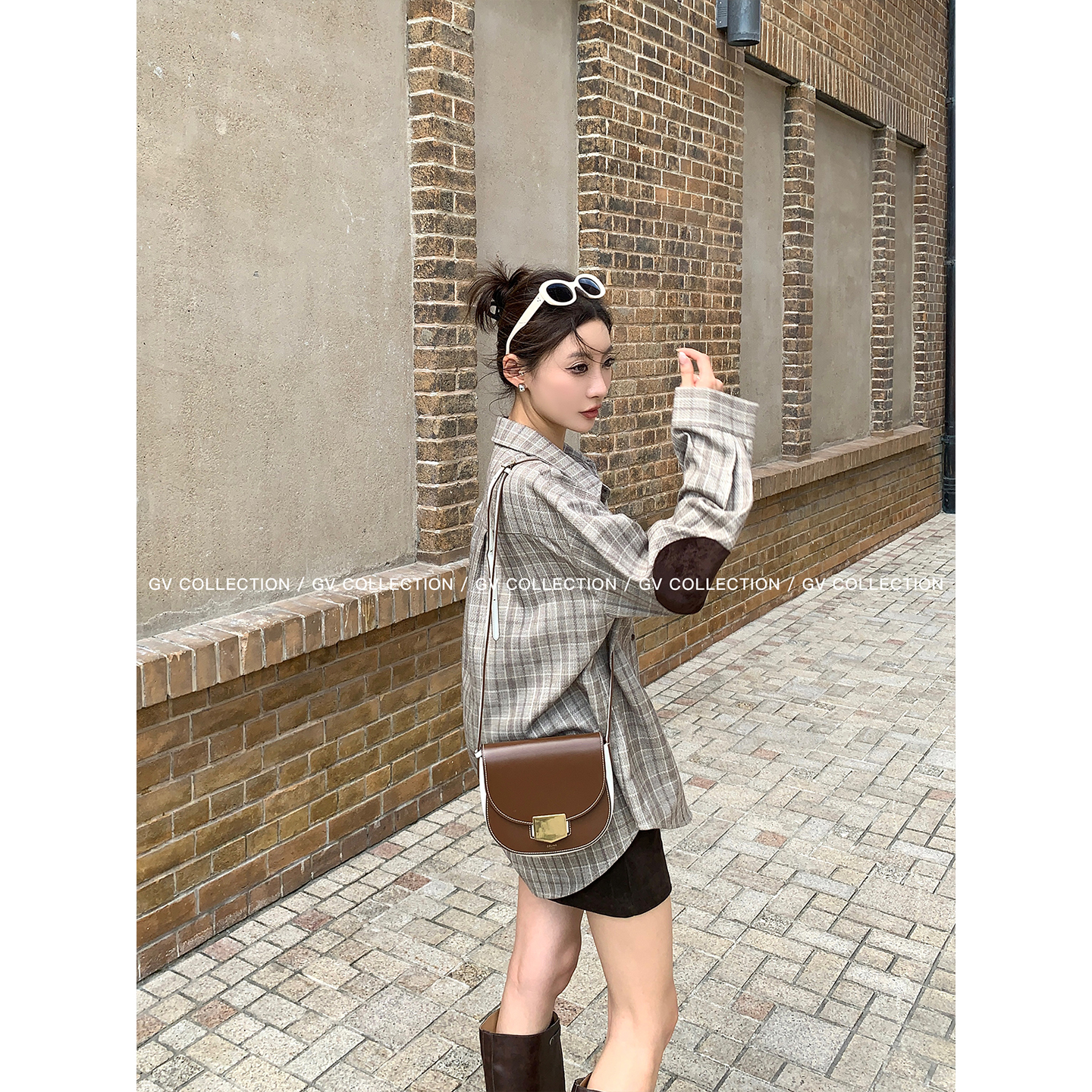 格纹美式复古肘章拼皮撞色衬衫