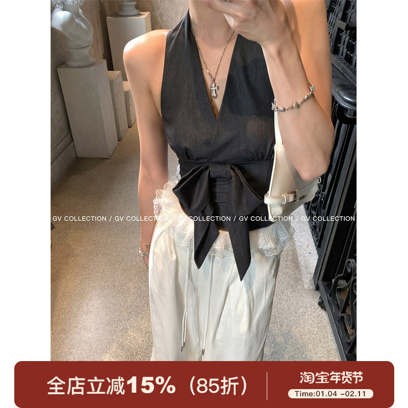 GV大白哥 Miu系调调 蝴蝶结蕾丝挂脖露背无袖上衣高智感通勤小衫,女装/女士精品,背心吊带,淘宝优惠券,粉丝福利购,淘宝优惠卷