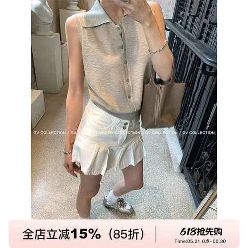 多色polo领无袖轻薄针织上衣