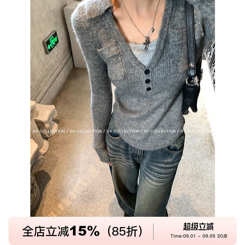 GV大白哥 简约都市 撞色polo翻领针织上衣慵懒风百搭小衫女内搭图片