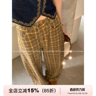 焦糖姜饼 裤 定染格子撞色阔腿休闲牛仔裤 新款 子 百搭春季 GV大白哥