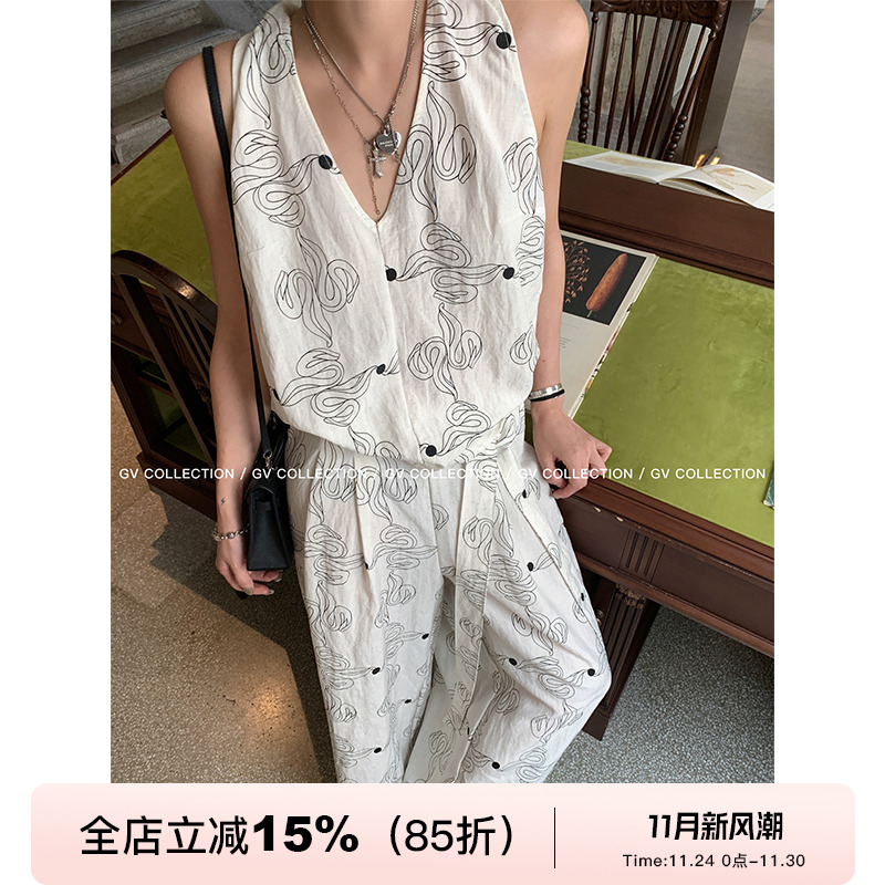 天丝亚麻线条图案背心阔腿裤套装