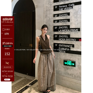 GV大白哥 美式街拍裤 抽绳解构分割阔腿格纹肌理休闲裤新款裤子女
