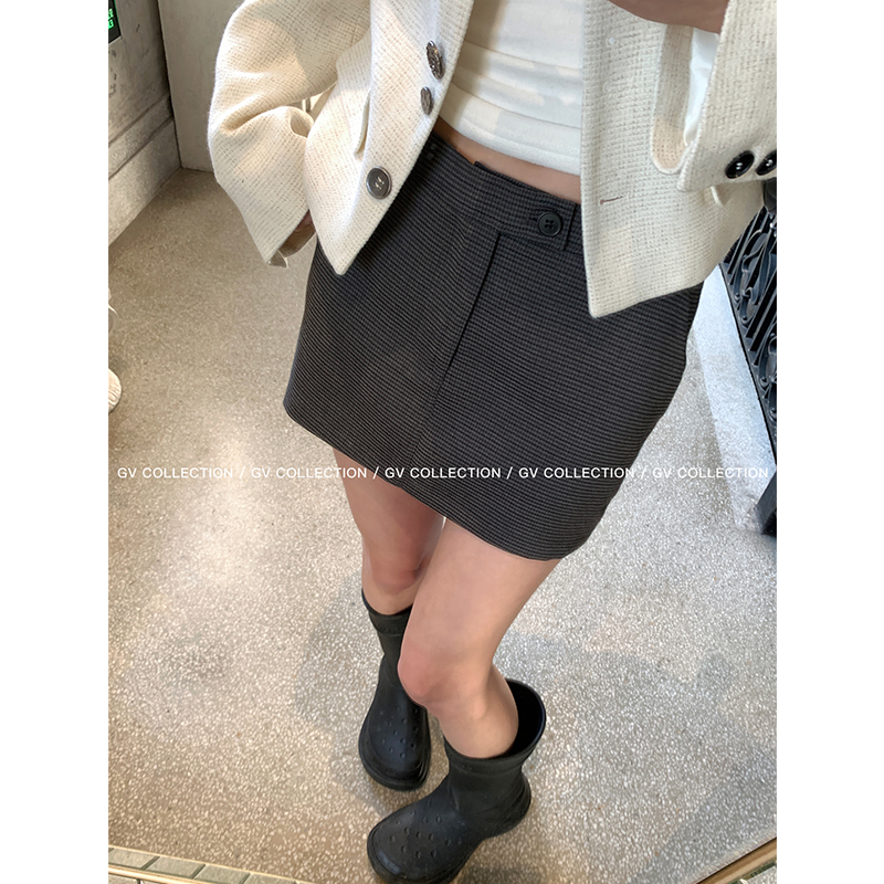 GV大白哥 中古腔调 棕灰细格半身裙防走光秋季简约百搭包臀裙裤女