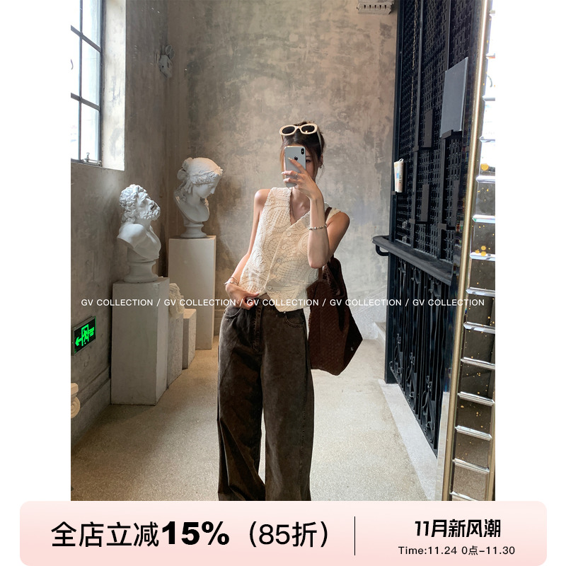 重工水洗做旧解构直筒牛仔裤