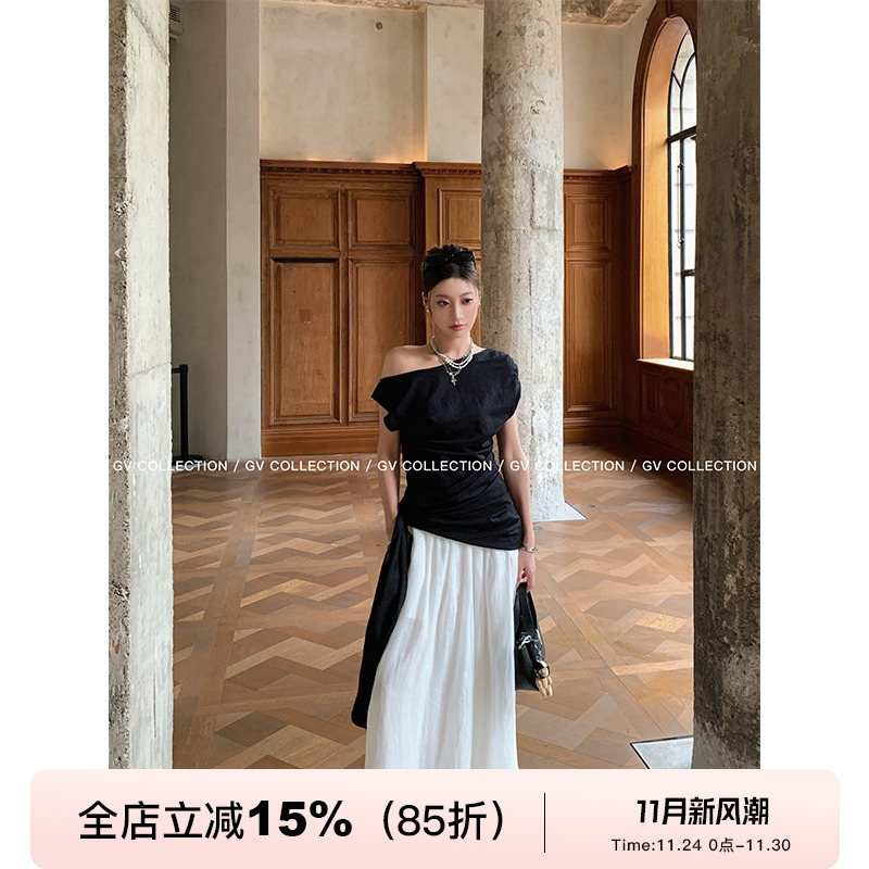 小众艺术生飘带褶皱露肩上衣