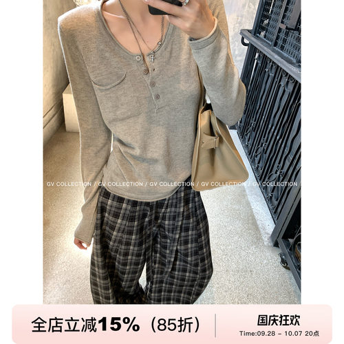 圆领纽扣羊毛针织松弛感T恤上衣