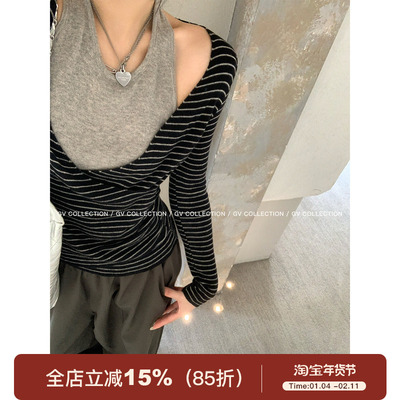 挂脖露肤假两件松弛感上衣