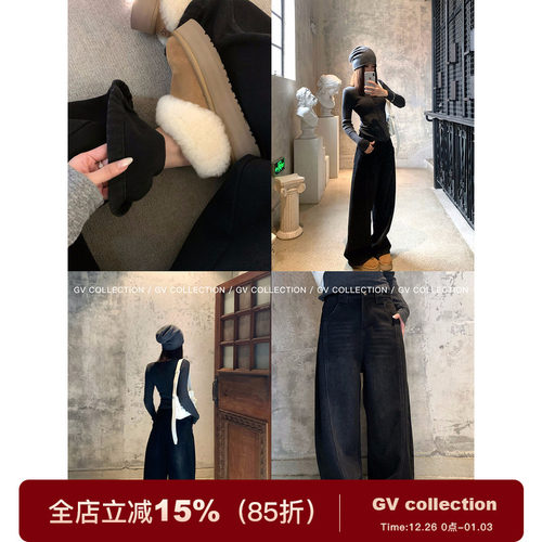 复古加绒加厚弯刀阔腿牛仔裤