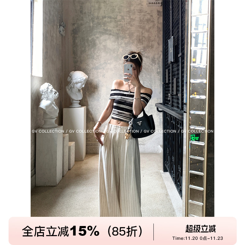 GV大白哥 老钱日常 条纹肌理宽松亚麻直筒阔腿裤宽松休闲长裤女