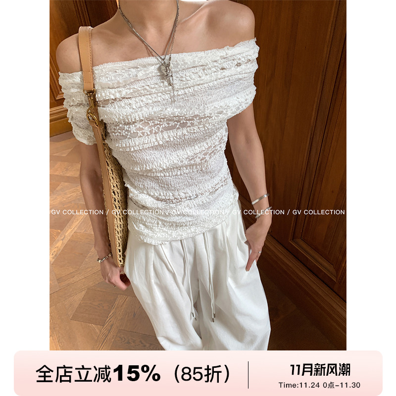 GV大白哥 层层质感 一字肩蕾丝蛋糕短袖上衣收腰显瘦休闲小衫女夏