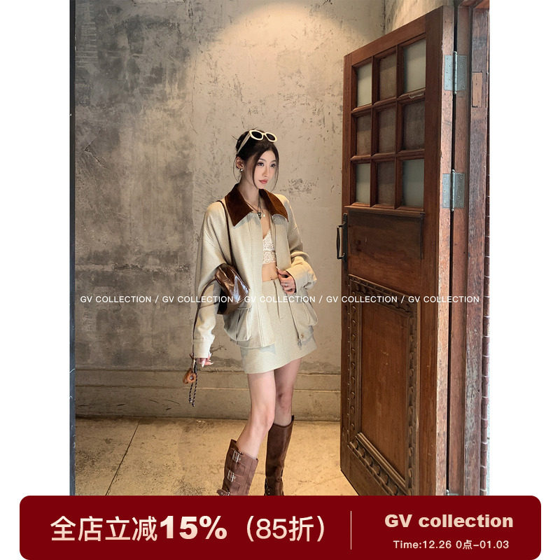 格纹撞色呢感polo领外套半身裙裤