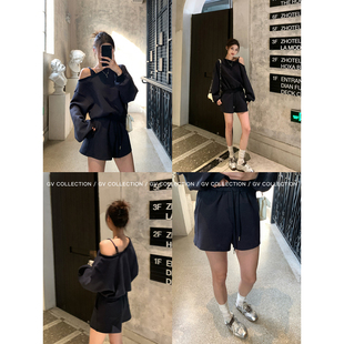 【2.24 20点 立减20%】美式Kendall 不规则露肩卫衣上衣短裤套装