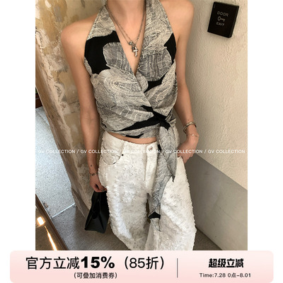 收腰图案V领侧打结上衣背心