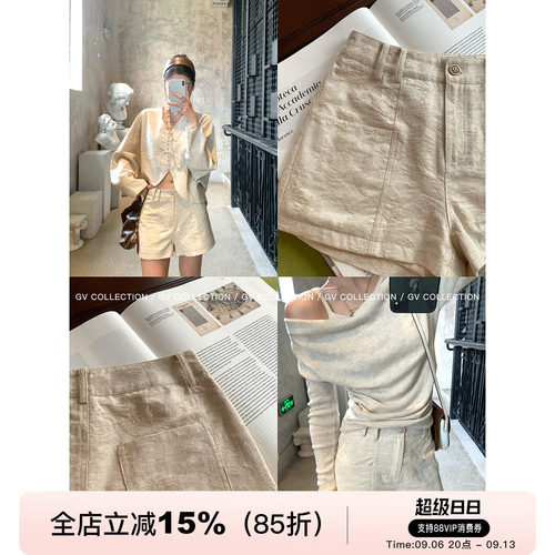 复古肌理感重工棉麻短裤