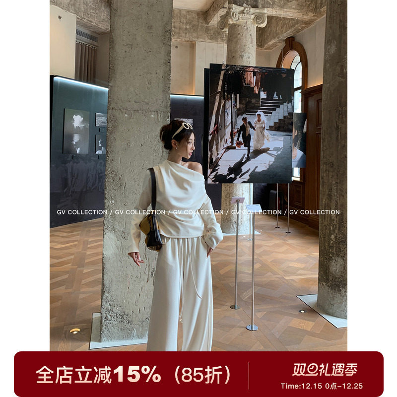 斜肩空气棉感卫衣阔腿裤套装