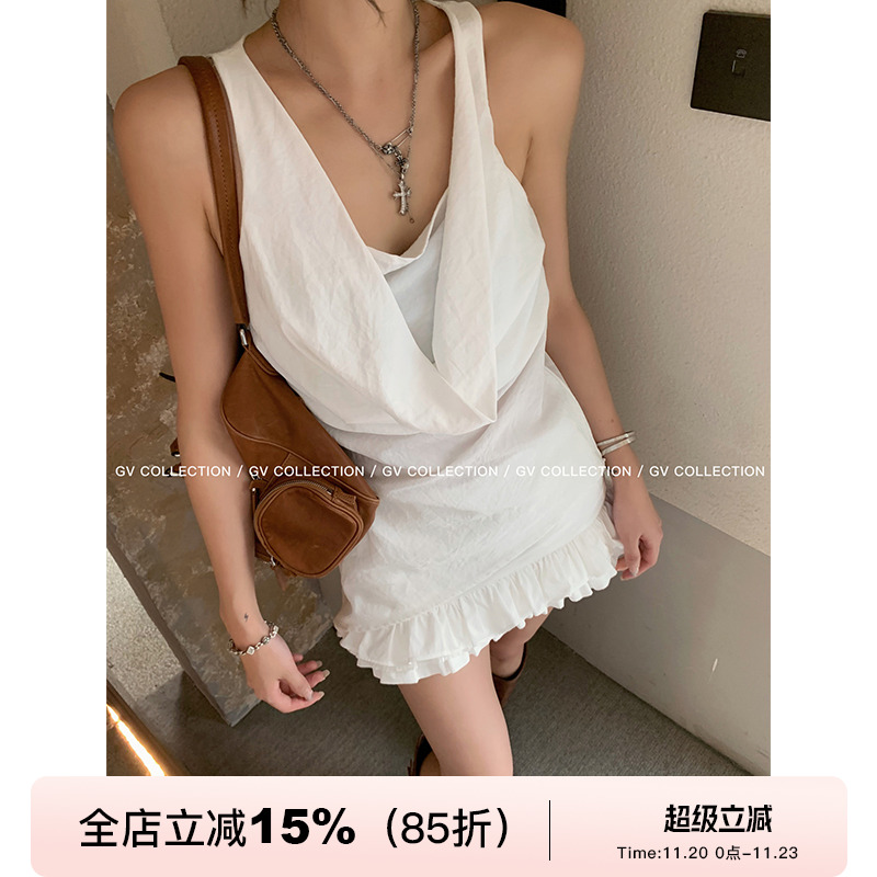 GV大白哥 质感慵懒 不规则斜边双层防走光荡领背心设计感收腰上衣