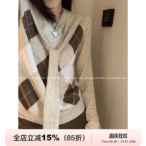 格纹撞色打结假两件针织上衣
