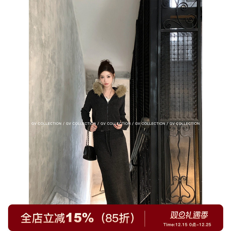 磨毛毛领加绒卫衣半裙两件套