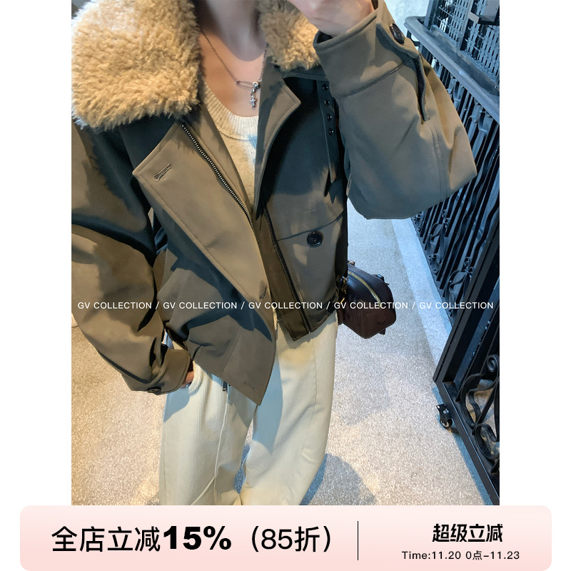 毛领拼接军绿肌理皮质夹棉加厚