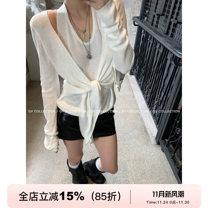 超绝纸片感假两件系腰针织上衣