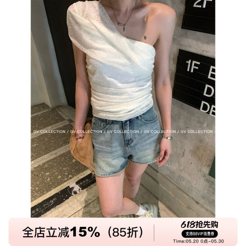 网纱蕾丝斜肩褶皱收腰设计感上衣