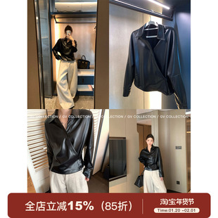 GV大白哥 雅痞老钱 结构剪裁V领pu皮衣衬衫百搭设计感上衣女