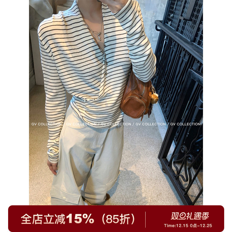 交叉叠领收腰针织上衣