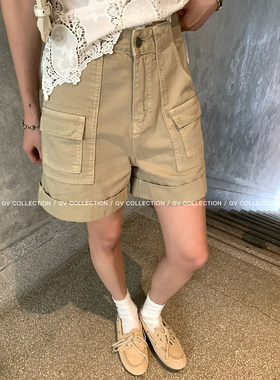 水洗卡其牛仔口袋翻边休闲牛仔