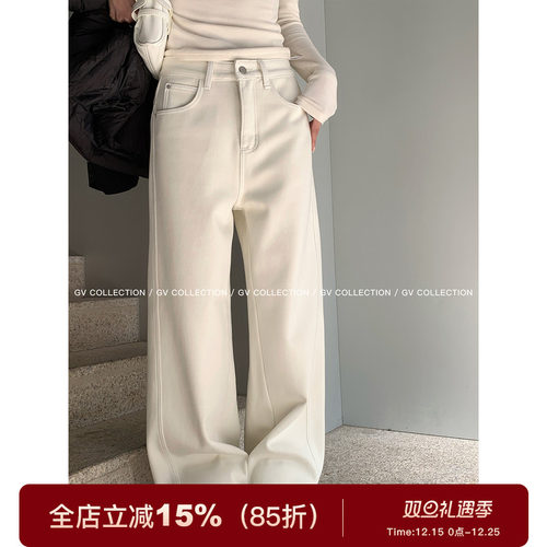 直筒加绒加厚柔软松弛感牛仔裤