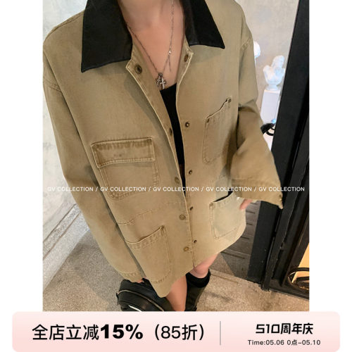 GV大白哥 重磅工装风 皮领撞色牛仔夹克外套街头风长袖上衣女春