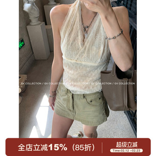 GV大白哥 仲夏入夜 柔软蕾丝镂空挂脖露背吊带背心氛围感上衣女夏