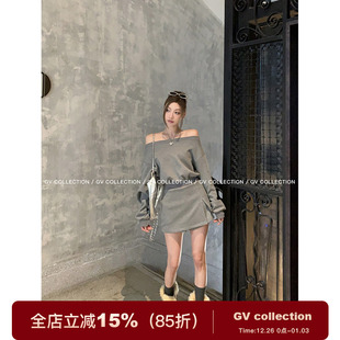 调 美式 一字露肩长袖 卫衣A开叉半身休闲裙裤 女 GV大白哥 套装 经典